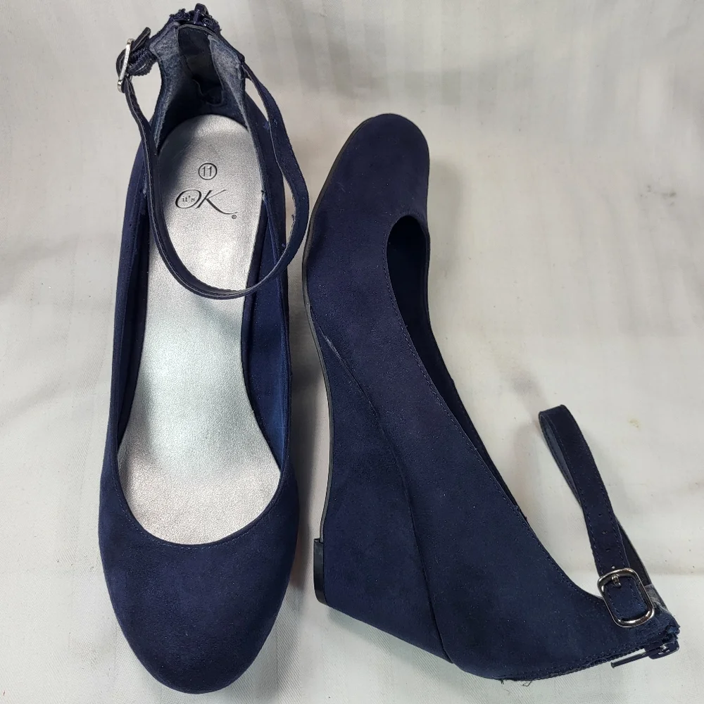 It's Ok Amal Blue SHOES Womens Size 11 Wedge Heels Strapped Ankle Zip Closed Toe